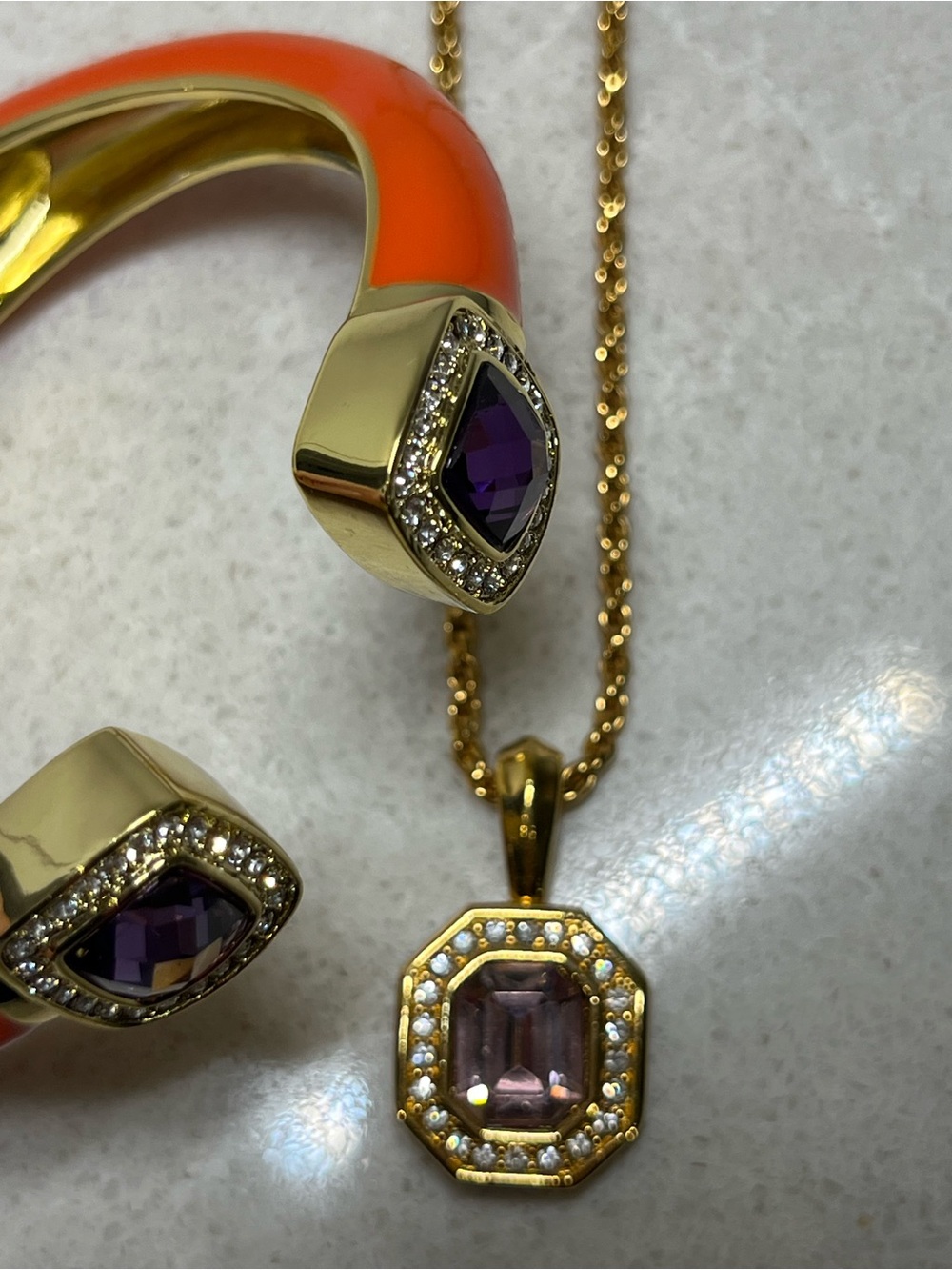 Orange Enamel Bracelet & Purple Stone Pendant Necklace Set